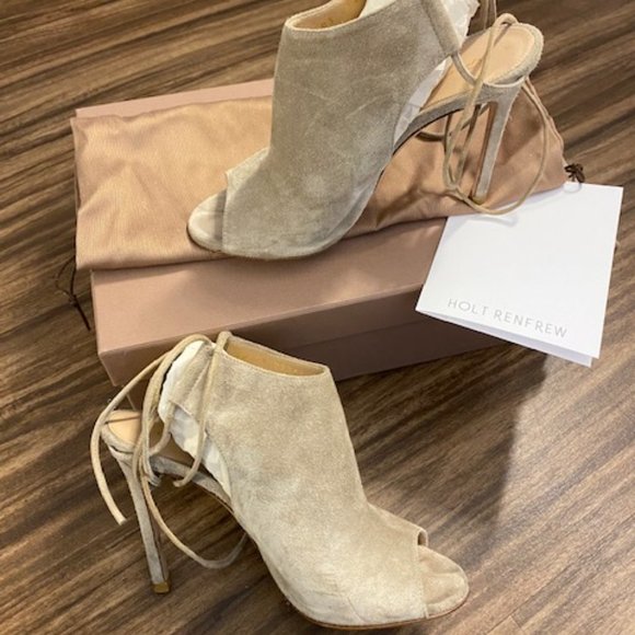 Gianvito Rossi Beige Nude Suede Lace Camoscio Peep Heels Boots Booties SZ 35 5 - Picture 2 of 6